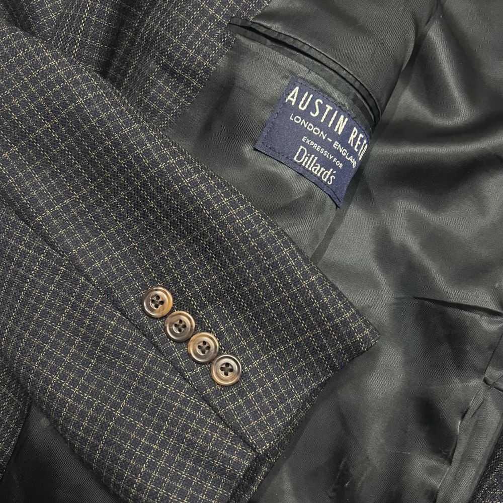 Austin Reed Mens 42L Blazer Pure Wool Micro Check Sport Coat USA Made Navy Plum
